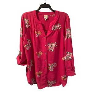 Fig & Flower Top Pink Floral Embroidered Tunic Button Up Tie‎ Front Size 2X NWT